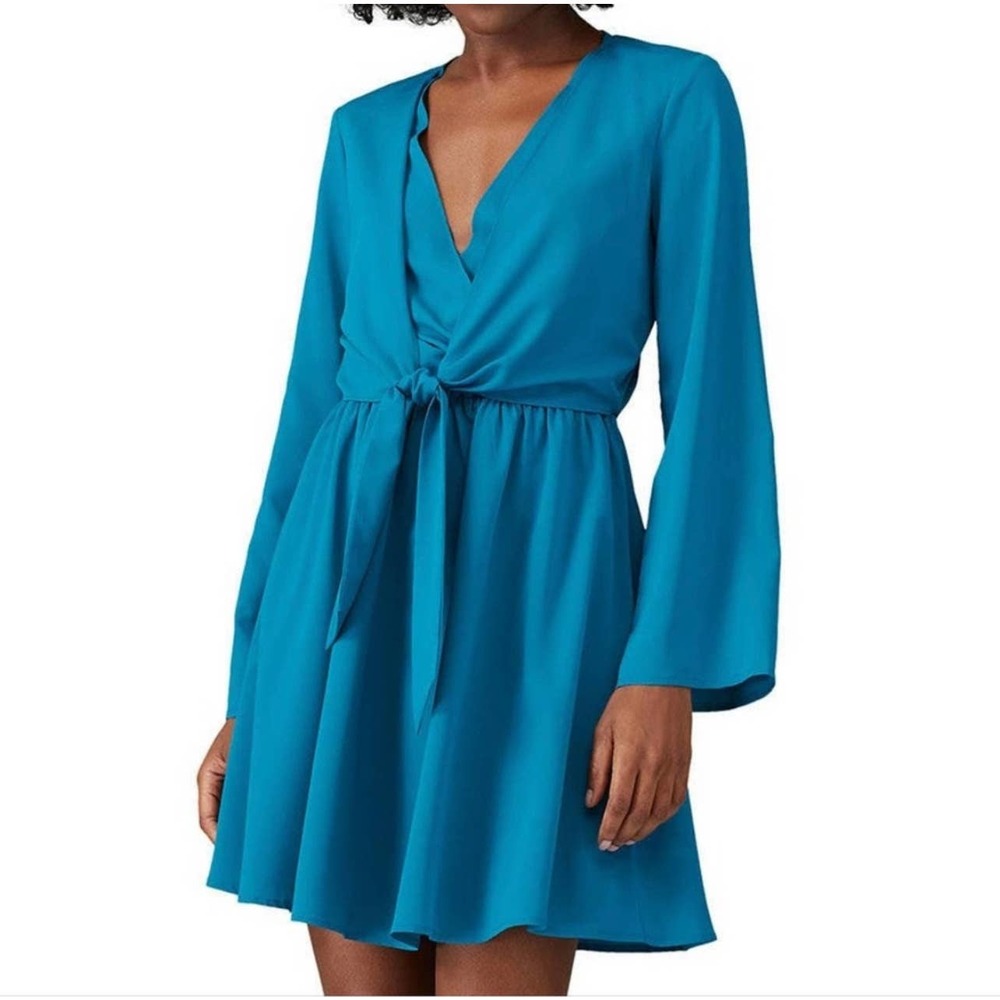 GREAT JONES Turquoise Stretch Surplice Tie Front Blouson Dress - Size Small EUC